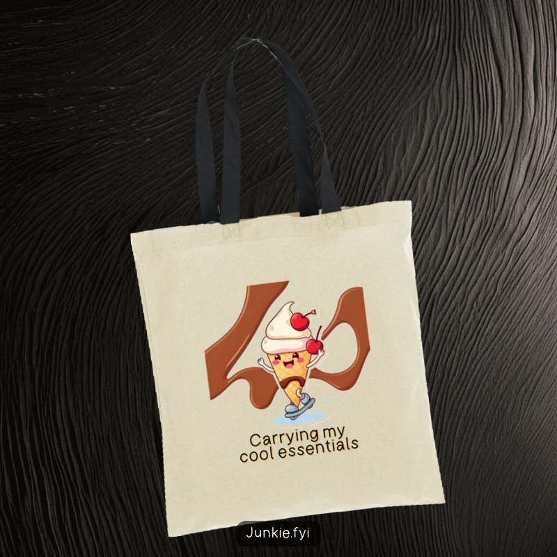 Funny ice cream cone character with a cherry on top, skating on chocolate syrup on a durable tote bag.