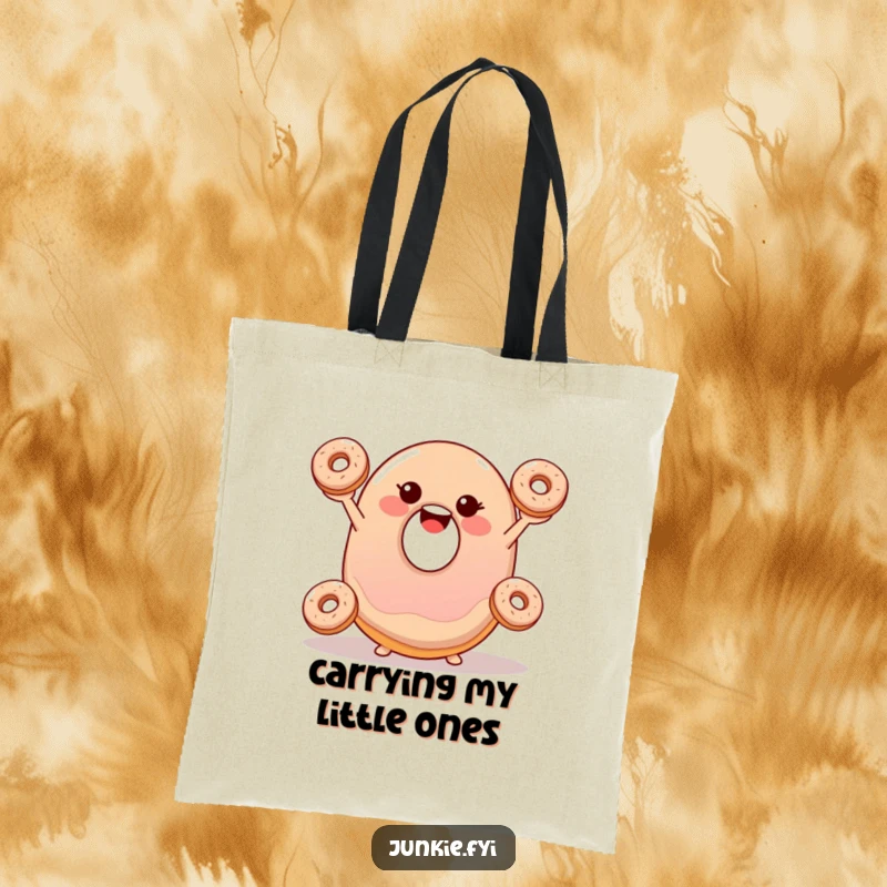 Funny tote bag featuring a smiling, wobbly jelly donut happily juggling three tiny donuts, a charming accessory.