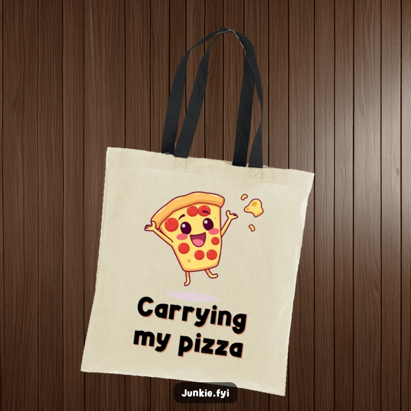 Funny pizza slice character doing a cartwheel with cheese flying, on a durable and humorous tote bag.