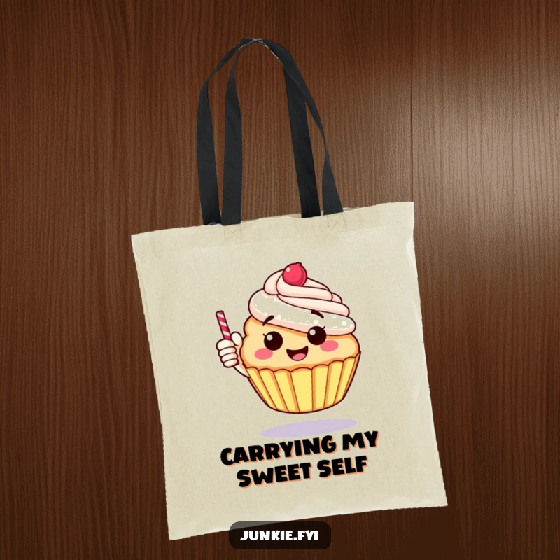 Funny tote bag featuring a cheerful, round cupcake giving a thumbs up with a candy stick, a happy accessory.