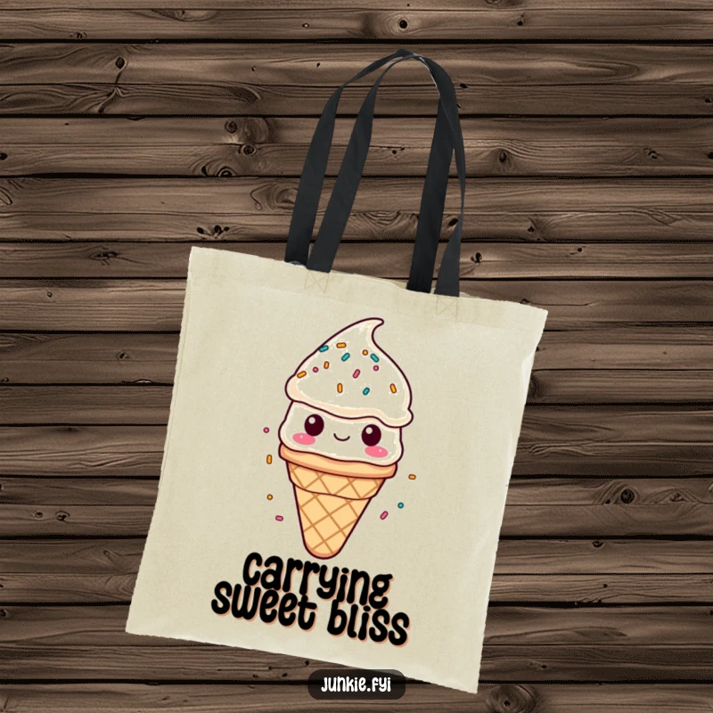 Funny tote bag with a content ice cream cone character enjoying a rain of colorful sprinkles. Sweet and practical.