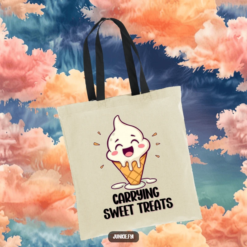 Funny Tote Bag depicting a melting ice cream cone character bursting with happy glee, ideal for everyday use with a sweet touch.