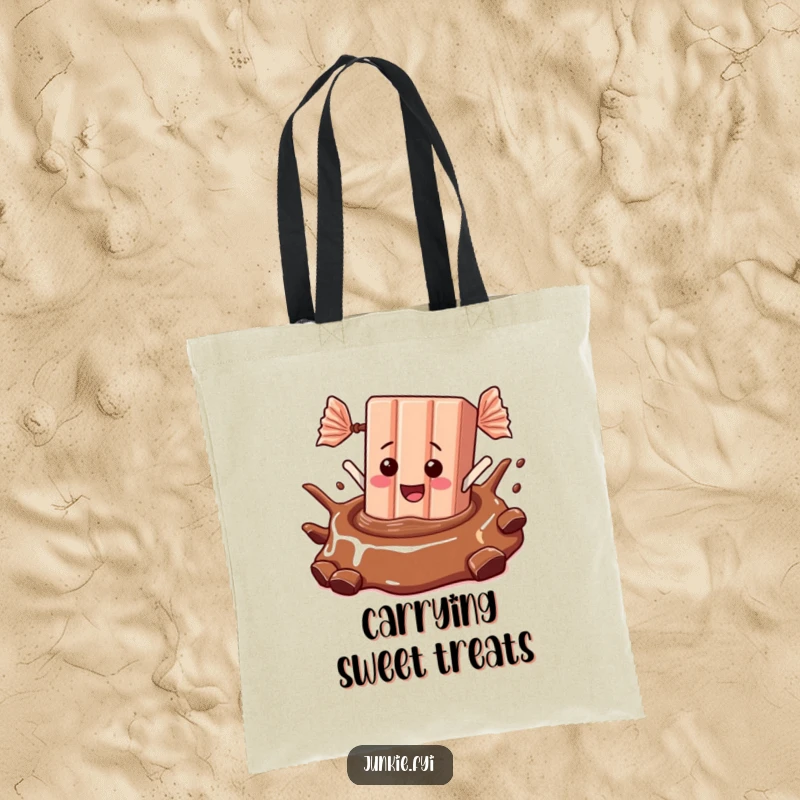 A jubilant candy bar dives into a chocolate ocean, making this funny tote bag a treat for the eyes.