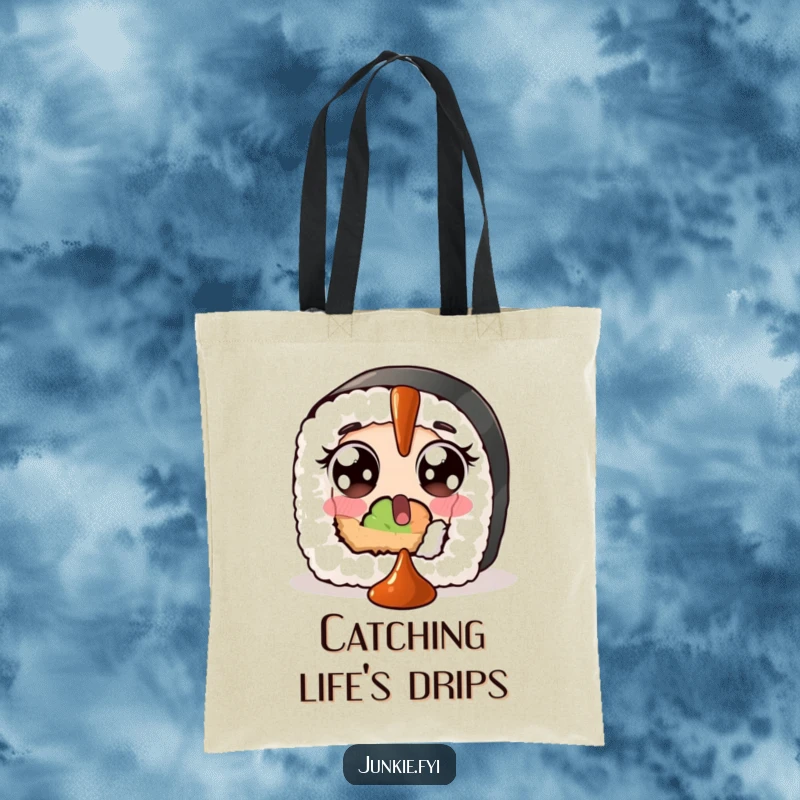Funny tote bag depicting a surprised sushi roll with wide eyes, comically trying to catch a falling dollop of soy sauce.