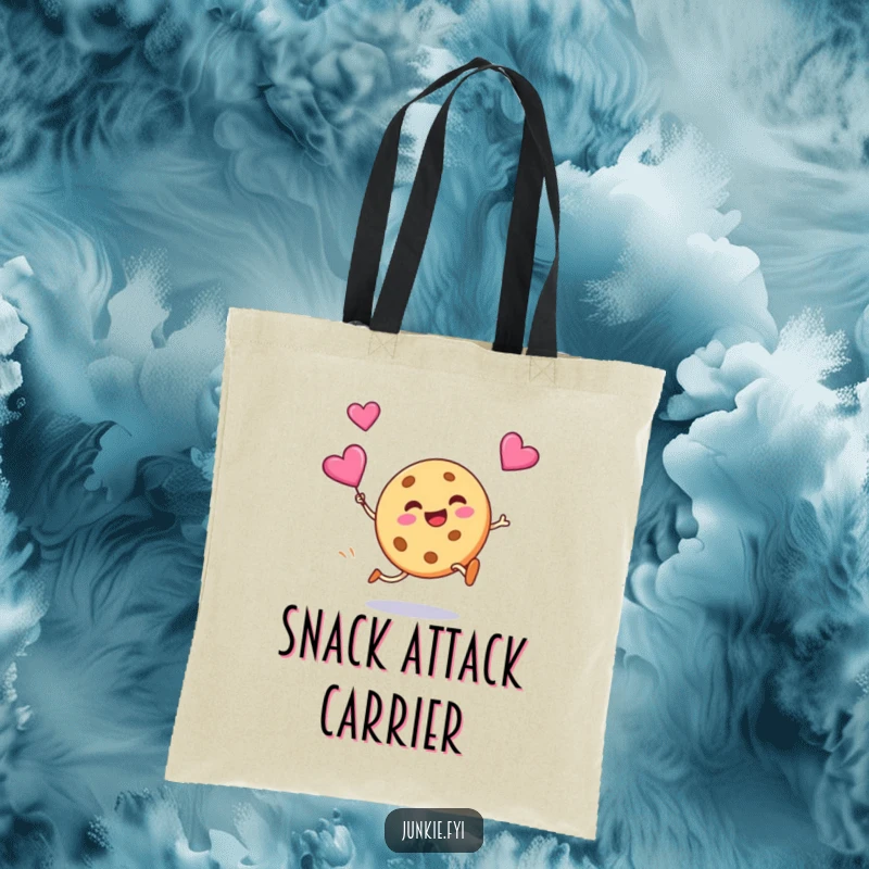 Funny tote bag with a silly cookie grinning as it kicks a flying candy heart, perfect for carrying treats and smiles.