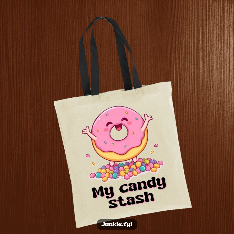 Funny donut character joyfully bouncing candies, perfect for a stylish and humorous tote bag.