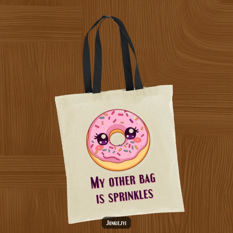 Funny tote bag depicting a delighted donut with wide eyes, enthusiastically stuffing its face with a cascade of colorful sprinkles.