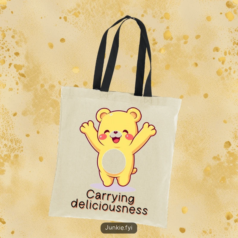 Funny gummy bear tote bag, a happy character happily cartwheeling with a delighted expression, a vibrant and fun accessory.