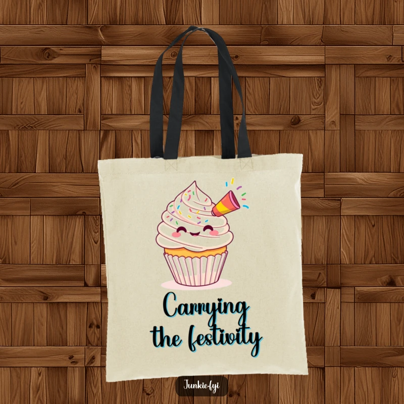 Funny Kawaii cupcake with a tiny party horn blowing a stream of colorful sprinkles, durable tote bag.