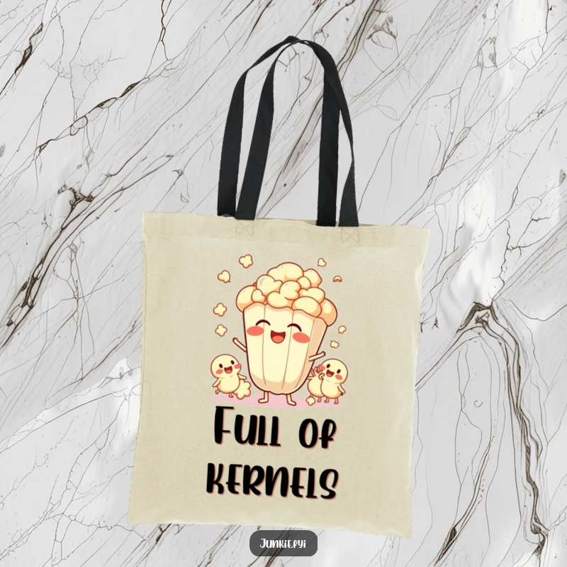 Funny Tote Bag featuring a giggling popcorn kernel and its popping friends, a charming accessory for carrying essentials with joy.