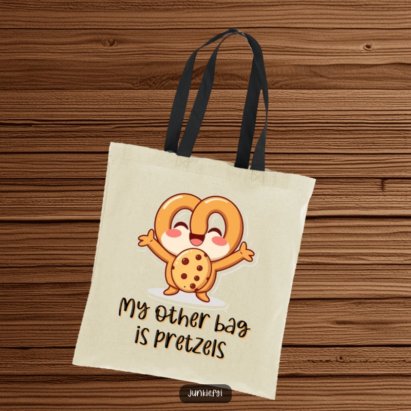 Funny pretzel character with open arms eating a cookie, on a durable tote bag for everyday use.
