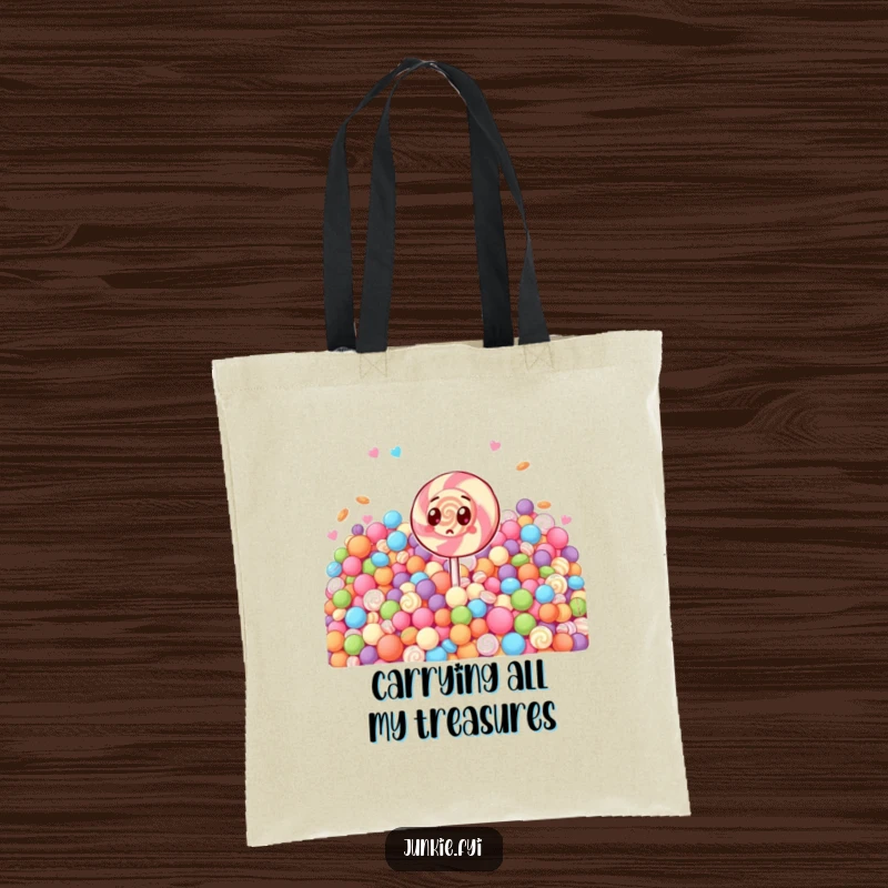 Funny tote bag with a surprised lollipop character gazing at an enormous collection of candies. A humorous carry-all.