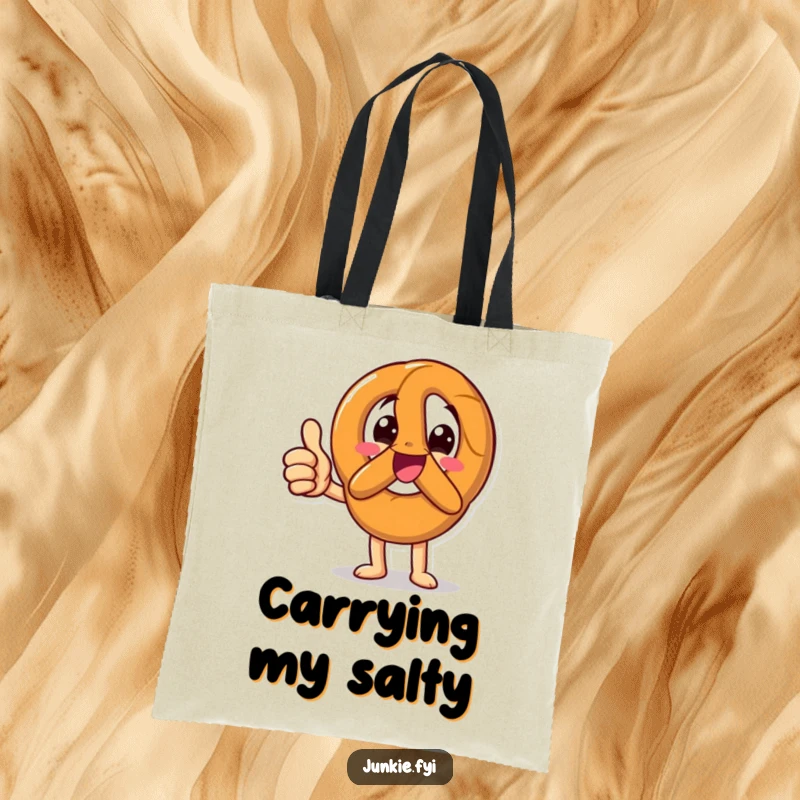 Funny Tote Bag with a happy pretzel character giving an enthusiastic thumbs up, perfect for carrying essentials with a positive, snack-themed flair.