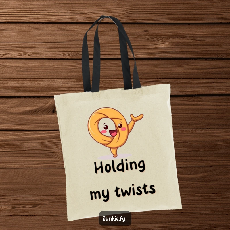 Funny tote bag with a happy pretzel character twisting joyfully in a cartwheel. Great for carrying essentials with a smile.