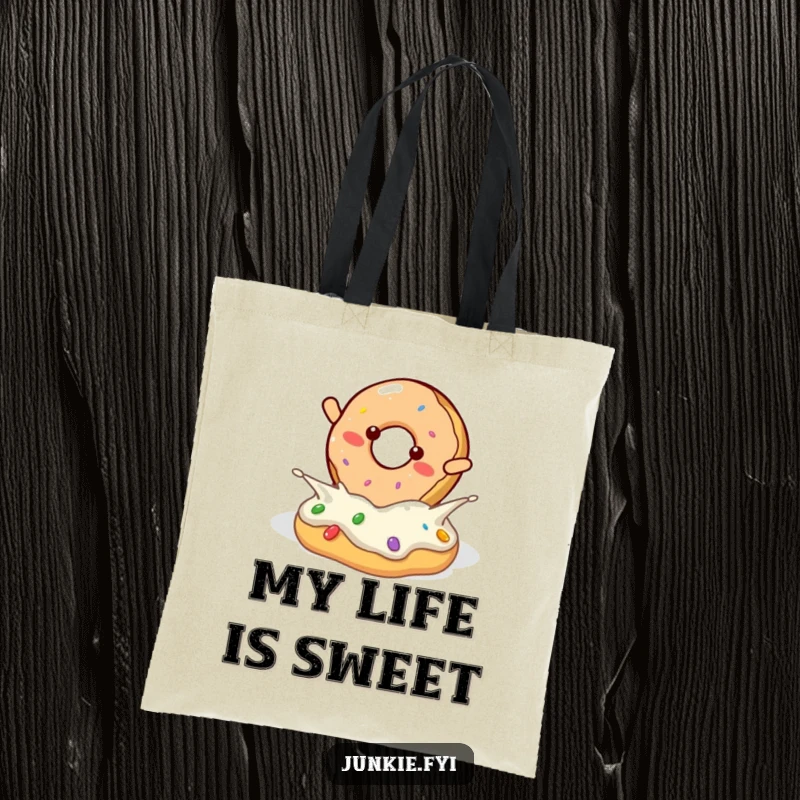 Cheerful donut character doing a fun flip into a frosting pool, on a reusable tote bag.