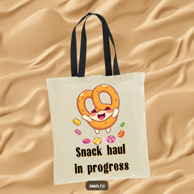 Funny pretzel character actively catching falling candy pieces on a durable tote bag, showcasing a love for treats and fun.